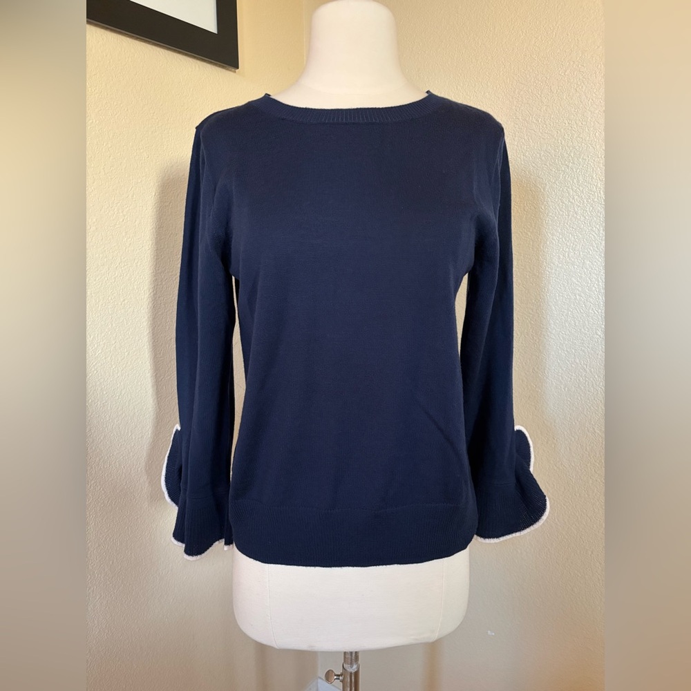 J. Crew Navy Crewneck Sweater with Tipped Cream Ruffle Cuffs. Size M